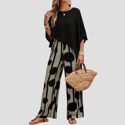 Milavie™ | Ensemble femme tendance avec top asymétrique et pantalon imprimé