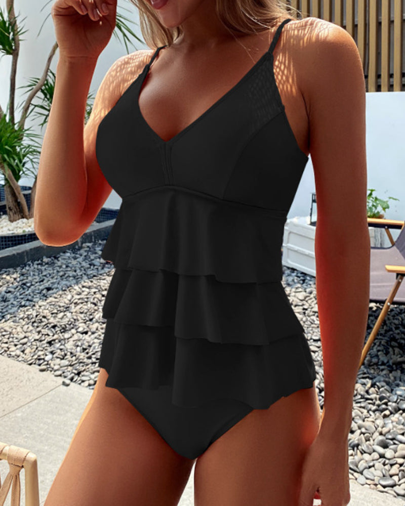 MP Tankini fendu à volants de couleur unie