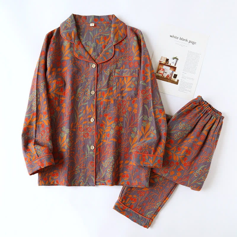 Ensemble de Loungewear en Coton à Col en Feuille Vintage