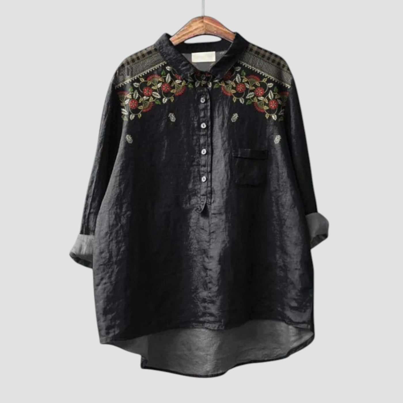 Carina | Chemise noire oversize avec broderie florale pour un style élégant et décontracté