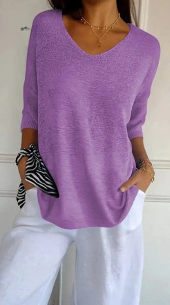 Blouse en tricot unie pour femmes avec manches 3/4 et décolleté en V