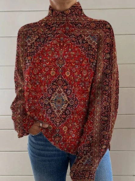 Pull décontracté en impression artistique vintage pour femmes