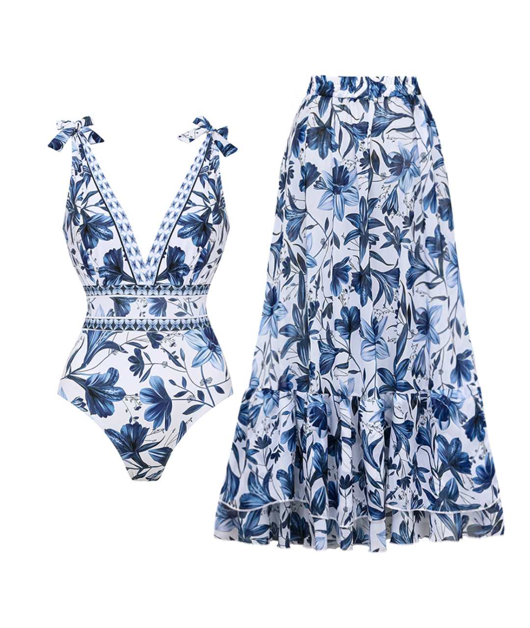 Amelia | Maillot de bain V-hals 2 en 1 avec Jupe Assortie