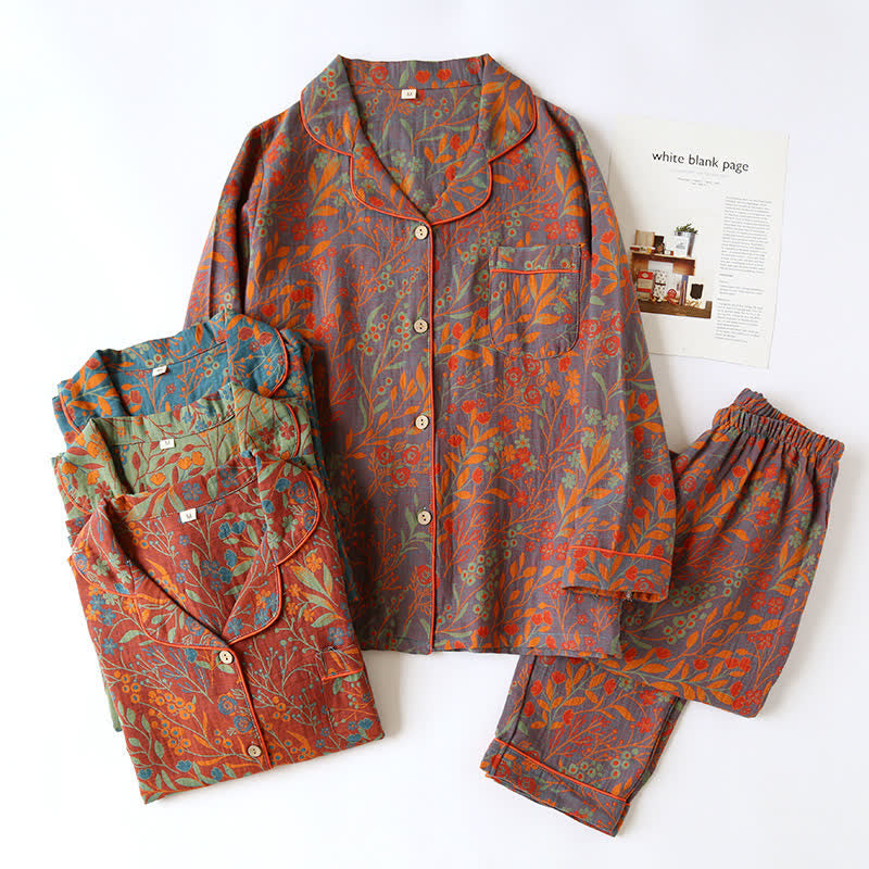 Ensemble de Loungewear en Coton à Col en Feuille Vintage