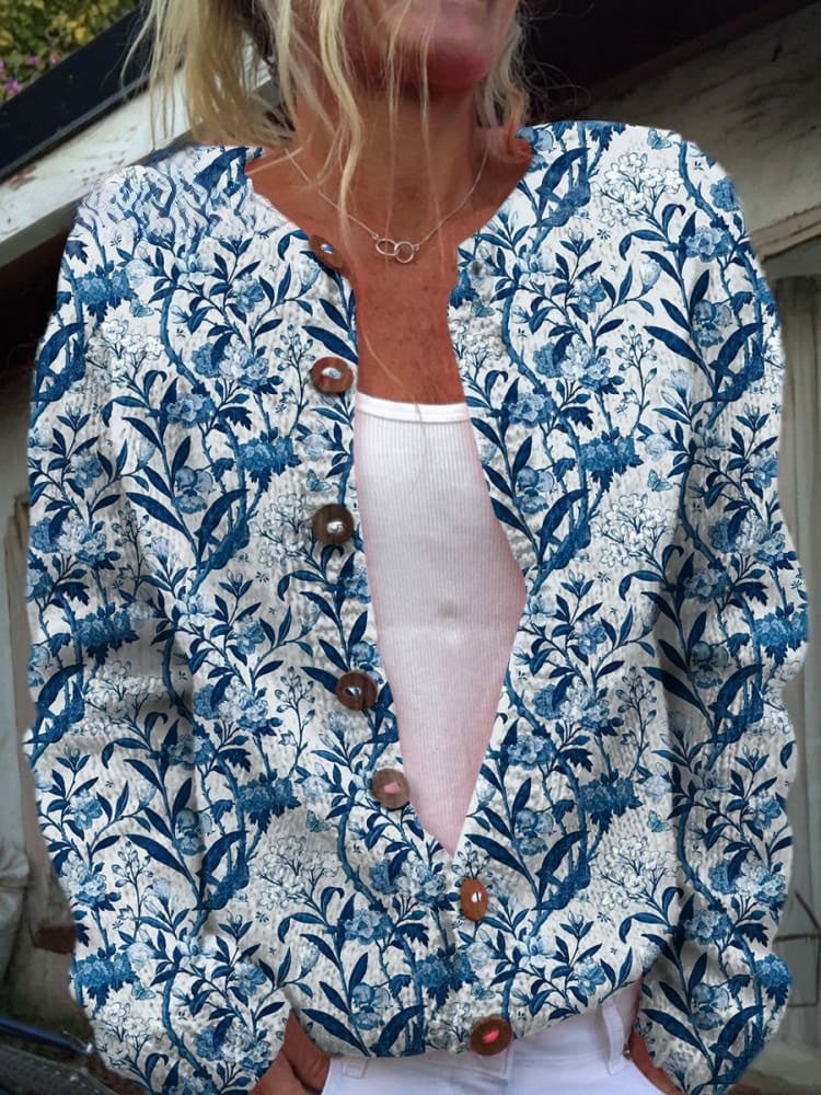 Cardigan élégant à imprimé fleuri bleu et blanc avec boutons